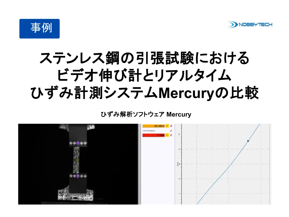 ステンレス鋼の引張試験におけるビデオ伸び計とリアルタイムひずみ計測システムMercuryの比較