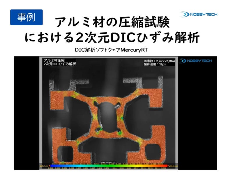 アルミ材の圧縮試験における2次元DICひずみ解析