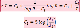 T = C4 * (1 / (logR - C3)), そして
logR = C3 + (C4 / T) C3 = 5log(λ1 / λ2)