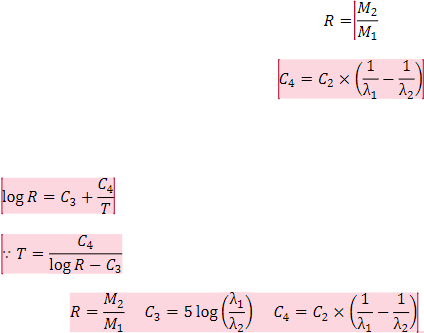  T = C4 / (logR - C3)
ここで、R = M2 / M1、C3 = 5log(λ1 / λ2)、C4 = C2 *
(1/λ1 - 1/λ2)
