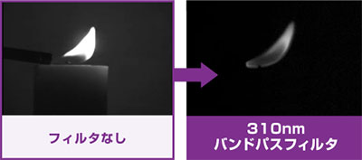 燃焼分野におけるフィルタ有無の比較撮影